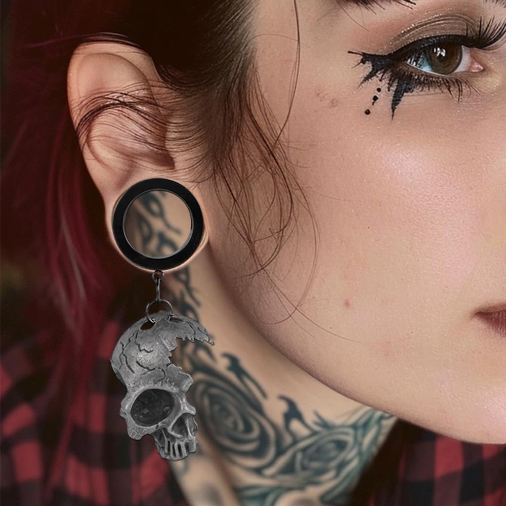 Vankula Black Skull Goth Ear Tunnels, Hypoallergenic Stainless Steel Plugs Gauges for Men Women, Unique Body Jewelry Expander Stretchers (0g-1inch)