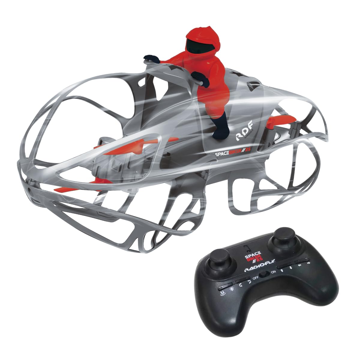 ODS - Radiofly, Space Biker // 25, Drone para niños con giroscopio y bloqueo, mando a distancia de 2,4 GHz, 8 funciones, 3 velocidades, carga USB, edad recomendada + 8 años