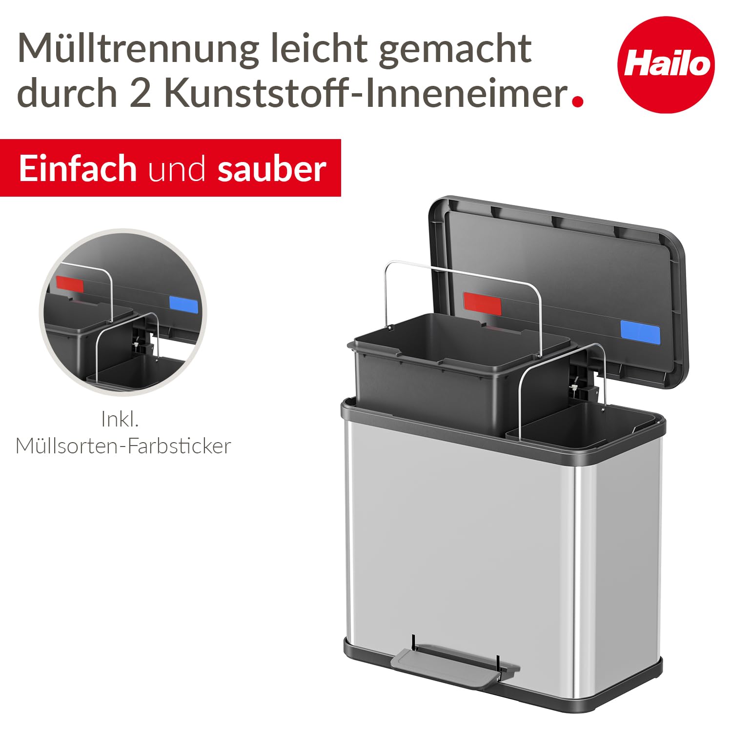 Hailo Öko duo Plus L Tret-Mülltrenner - freistehender 17+9 Liter Doppelmülleimer aus Edelstahl - Mülltrennsystem mit soft close Deckel - 2-fach Abfalltrenner für die Küche | Duo Plus L, Volumen 9 + 17 l, Edelstahl