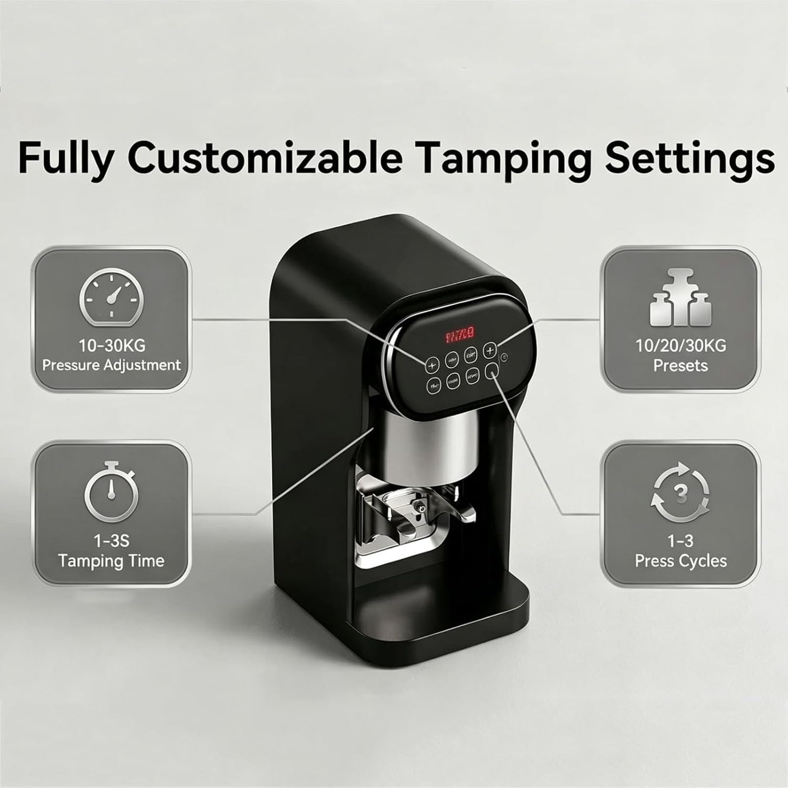 Elektryczny ubijak do kawy, zagęszczacz do kawy espresso 58 mm, ciśnienie 10-30 kg do kawiarni i domu, automatyczne urządzenie do ubijania kawy (Black)