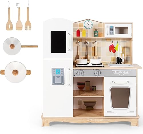 HOMGX - Juego de cocina de juguete para niños con microondas, grifo, estufa, luz y sonido realistas, accesorios de utensilios de cocina, juguete de