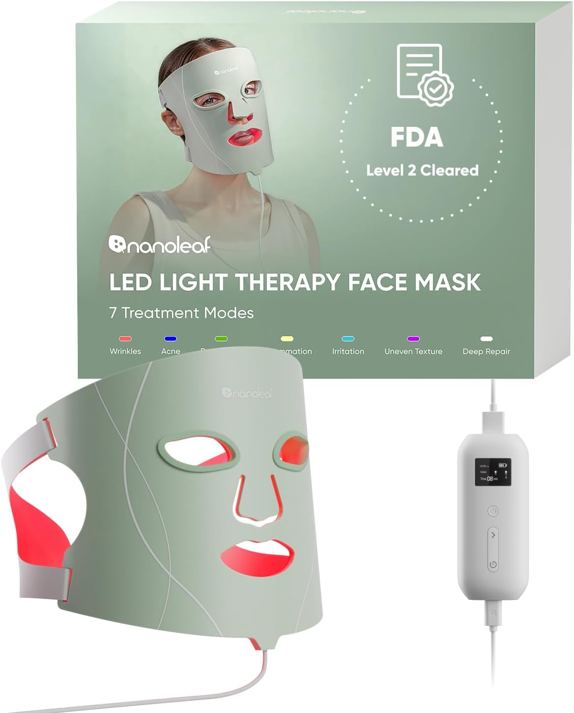 FDA-Cleared LED Light Therapy Face Mask with 7 Treatment Modes | Professional Red & Blue Light with NIR Facial Device for Anti-Aging, 432 LEDs, Portable & Rechargable