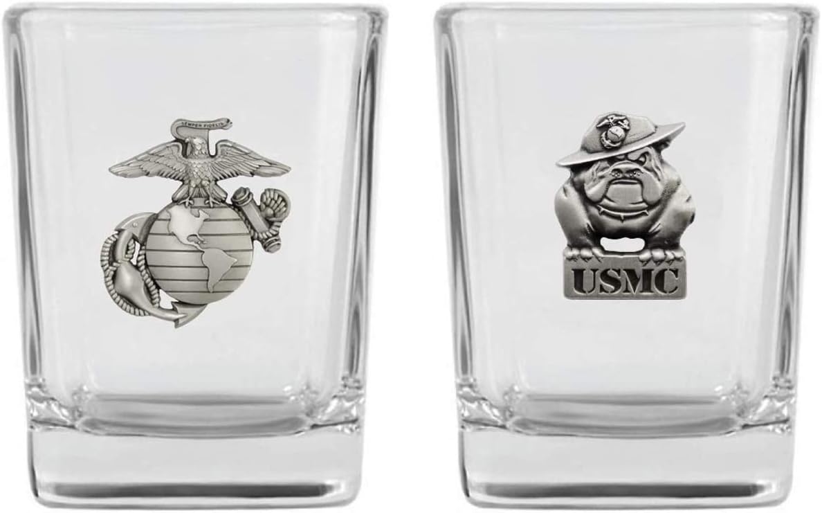 Indiana Metal Craft US Marine Corps EGA and Bulldog Emblem Shot Glass Set of Two. Made in USA (EGA and Bulldog Set)