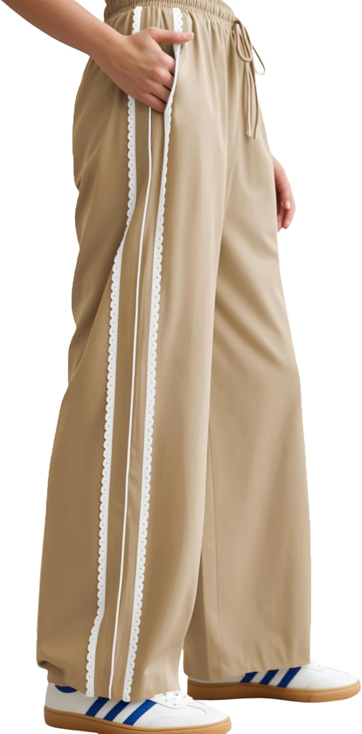 Yeokou Women's Wide Leg Sweatpants Side Stripe Crochet Slip on Drawstring Casual Running Track Palazzo Pants with Pockets