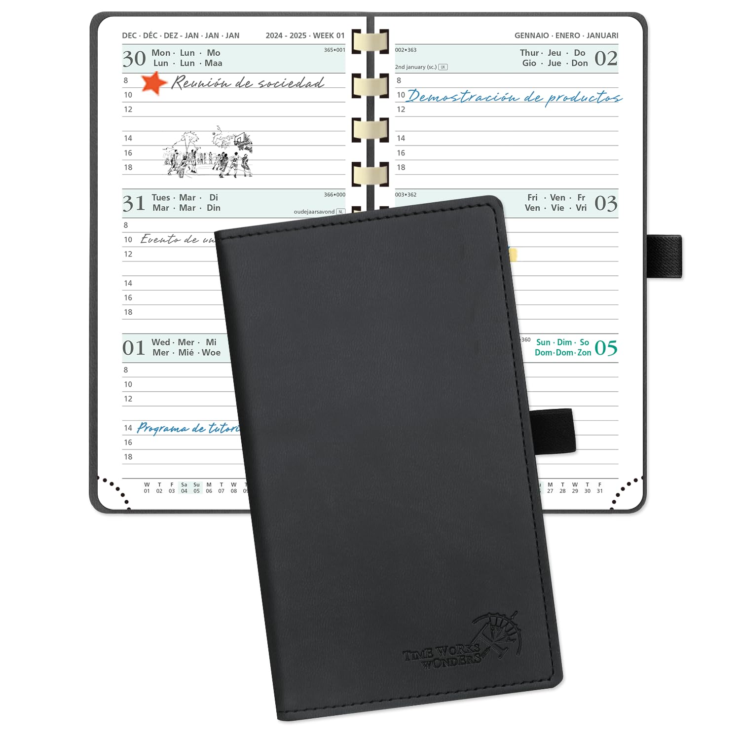 POPRUN Agenda 2024 2025 Pequeña 16,5 x 9 cm, Agenda Semanal Espiral 17 Meses de Ago.2024 a Dic.2025, 1 Semana 2 Páginas, Porta Boligrafos Autoadhesivo, 80 GSM Papel, Negro