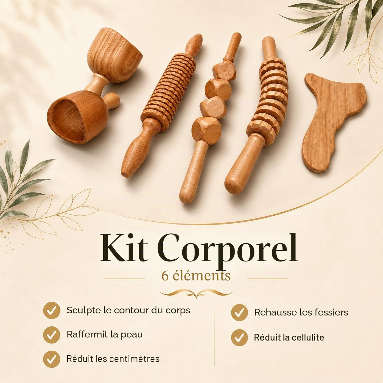 Kit Thérapie Bois Anti-Cellulite | Thérapie par Le Bois avec Cours sur DVD | Kit composé de 6 éléments en Bois de pin et Lotus Naturel | Designs exclusifs Aesthetic Wood Therapy Espagne