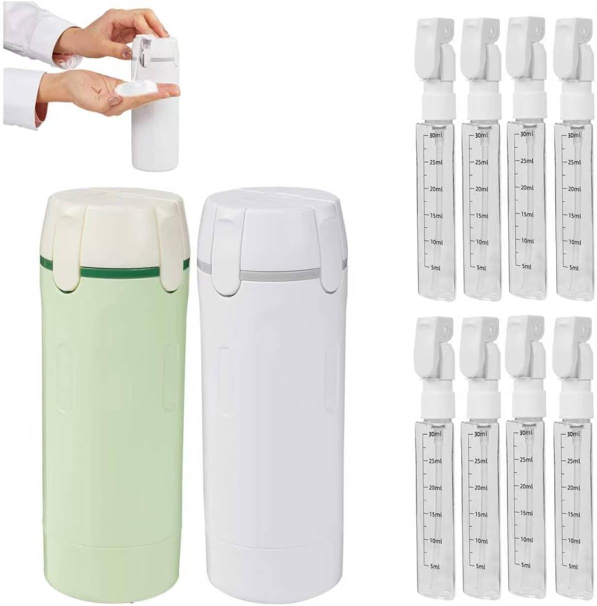 4 in 1 Travel Dispenser Bottles - Refillable Leak-Leak Proof and Portable for Shampoo, Conditioner, Shower Gel & Toiletries - Perfect for Vacation, Camping & Gym. (White+Green)
