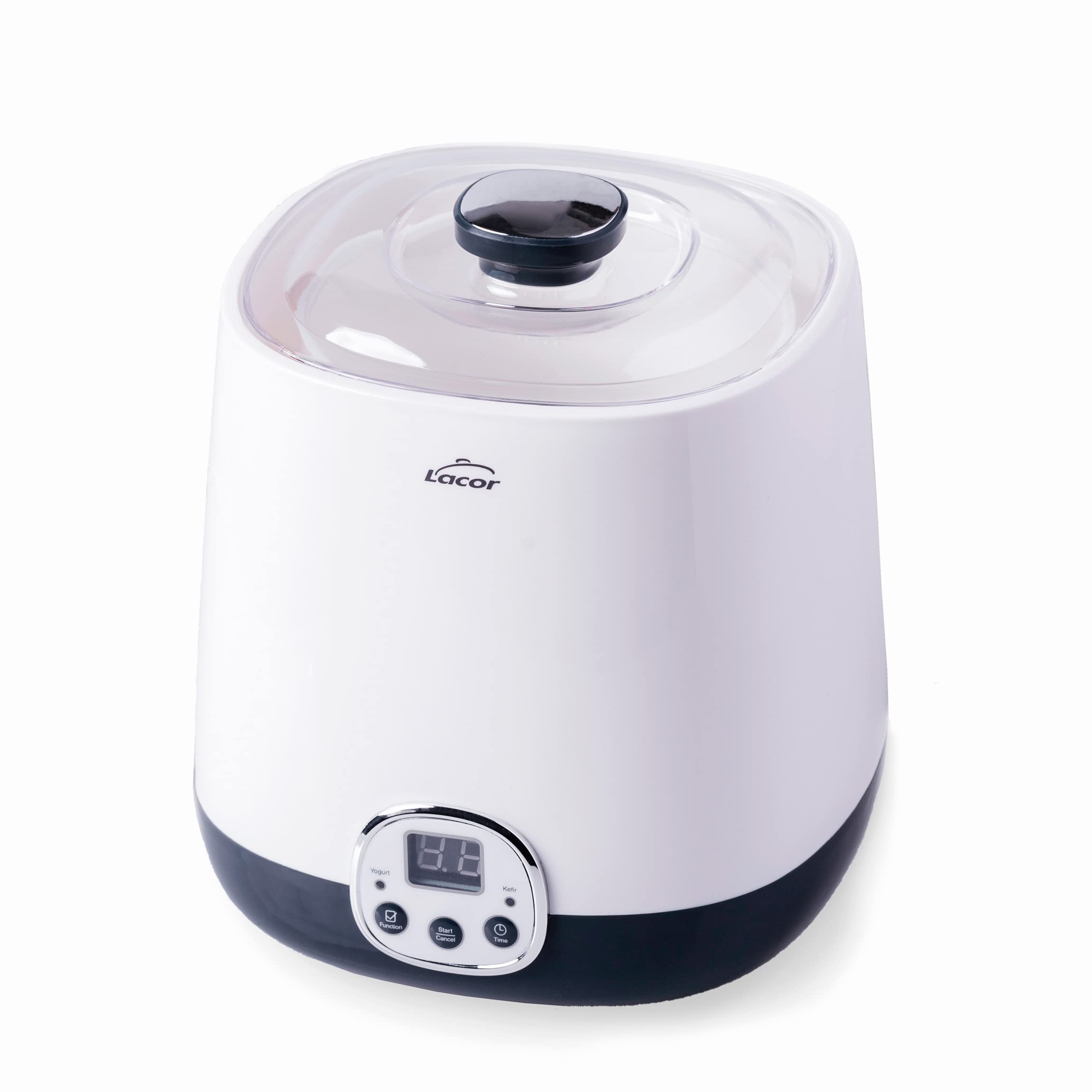 Lacor - 69345 - Yaourtière HerA Supersillenciosa, idéale pour faire du kéfir et du yogourt grec, contient une minuterie de 48 heures, écran LED, capacité: 1L, Ø 16,8 x 18,8 cm, blanc