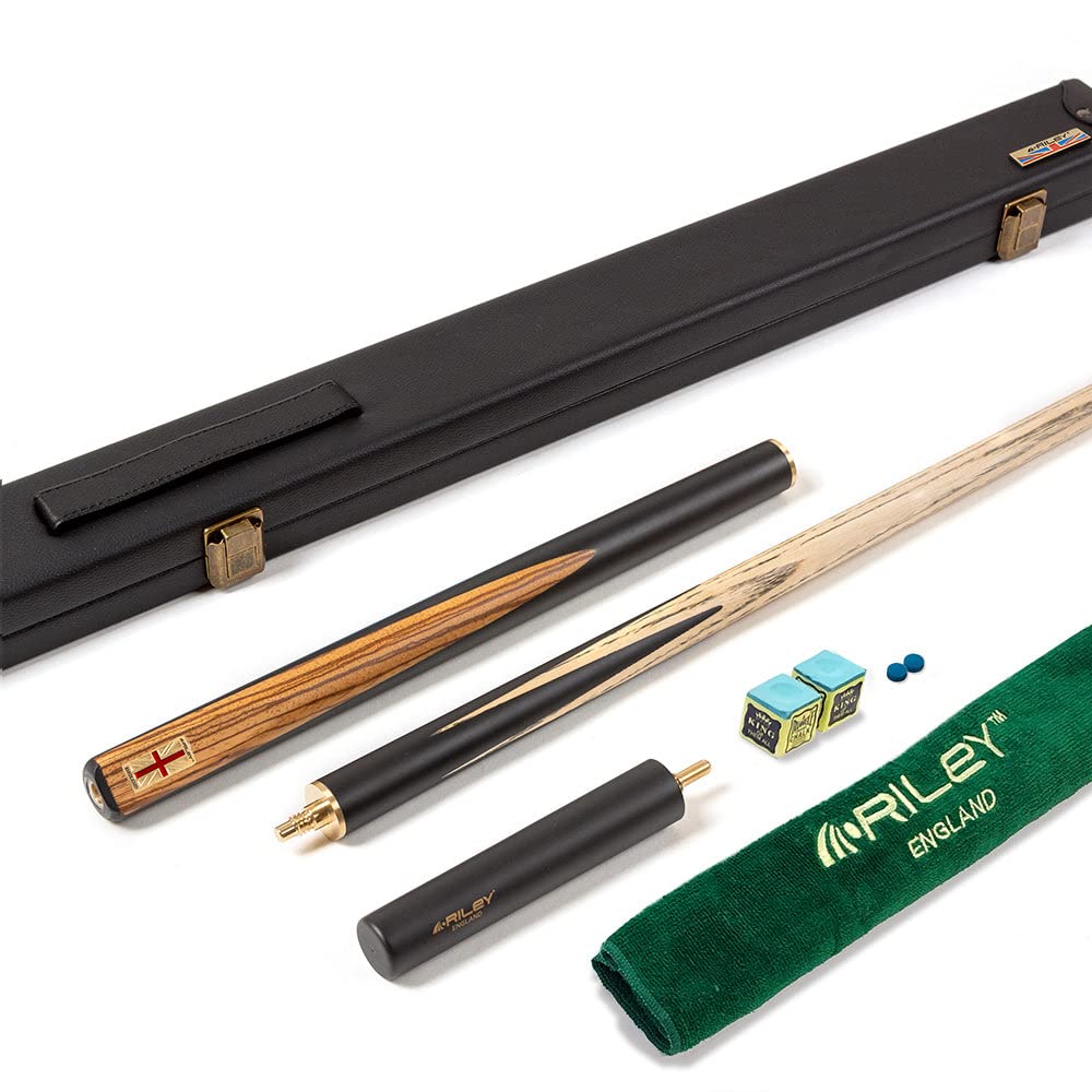 Riley England 3 Piece Snooker Cue & Hard Case 3/4 Cut – Hand Spliced Ebony Butt - 145cm - North American Ash Shaft with 9.5mm Tip - Includes 15cm Extension & Accessory Pack