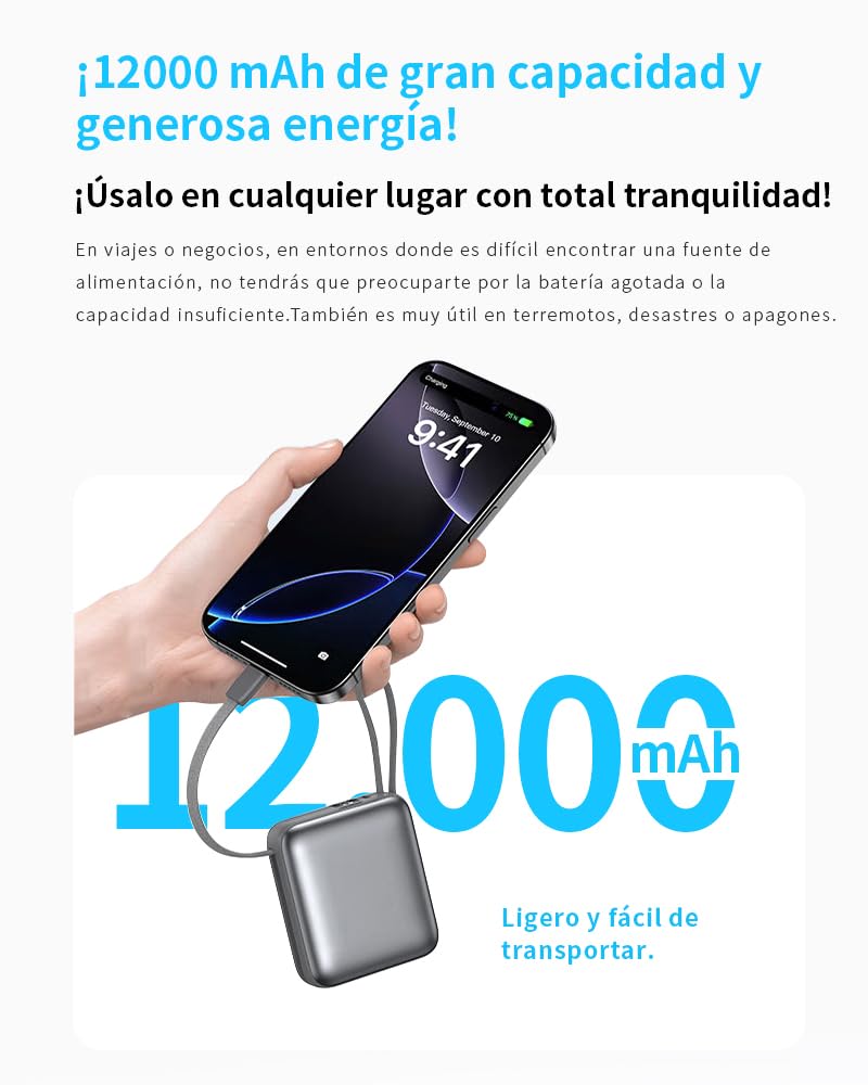 Batería Externa 12000mAh 44.4Wh PD 22.5W Carga Rápida USB-C Cargador iOS 3 Dispositivos Simultáneamente 2 Cables Integrados Compatible iPhone16,QC3.0,Salida USB-A/Type-C/iOS,Entrada Type-C,Plata