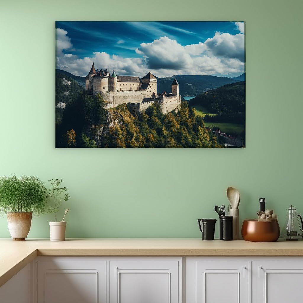 Canvas for Living room. Majestic Autumnal Fortress: A Verdant Hilltop Embrace by Tranquil Waters, 27 x 18 inch Canvas Wall Art - Modern Home Decor - 69x46 cm (27x18 inch)