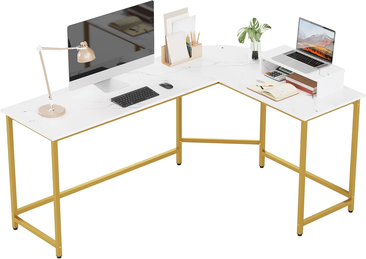 Weehom L Shaped Computer Desk with Monitor Stand, Reversible Corner Desk for Home Office, Modern PC Workstation Study Writing Table(White and Gold)