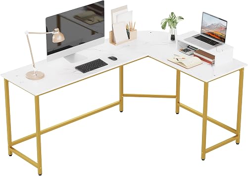 Weehom L Shaped Computer Desk with Monitor Stand Reversible White and Gold