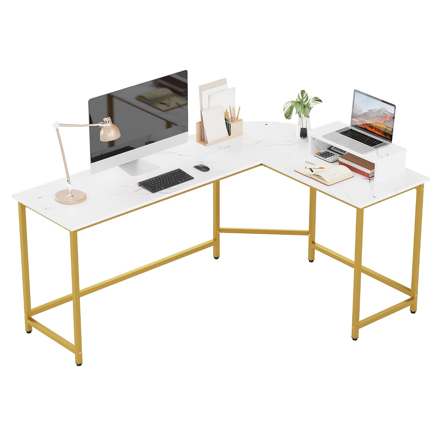 Weehom L Shaped Desk for Home Office, Corner Computer Desk with Monitor Stand, Modern Office Gaming Desk(White and Gold)