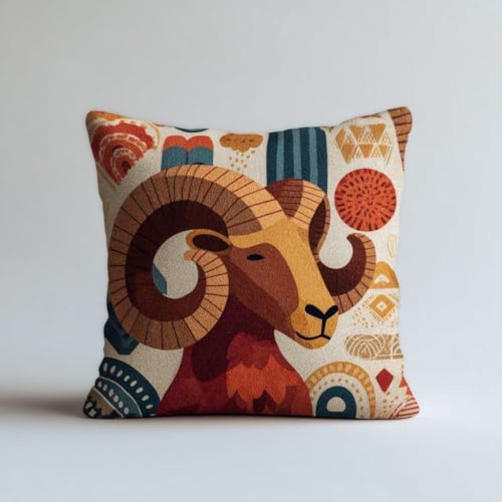 kitphoenix DIY Latch Hook Pillow Cover Kit,Bighorn Sheep Terracotta Geometric Patterns,Adults Craft Kit with Pre-Printed Embroidery Canvas,Yarn and Hook,43x43 cm Cushion Cover for Home Décor