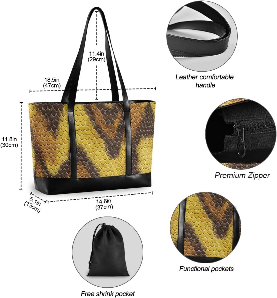 Snake Skin Animal Print Laptop Tote Bag for Woman 15.6 inch Laptop Organizer Bag Teacher Work Purse
