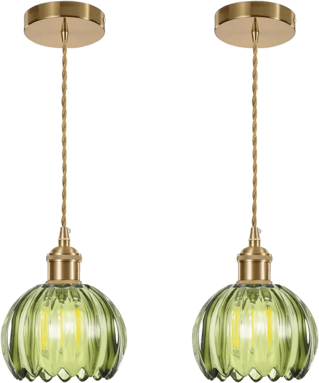 Mini Flower Glass Pendant Light 2 Pack Adjustable Hanging Lamp, Green Pendant Lights Kitchen Island Dining Room Hallway Bedroom Living Room, LED Bulbs Included