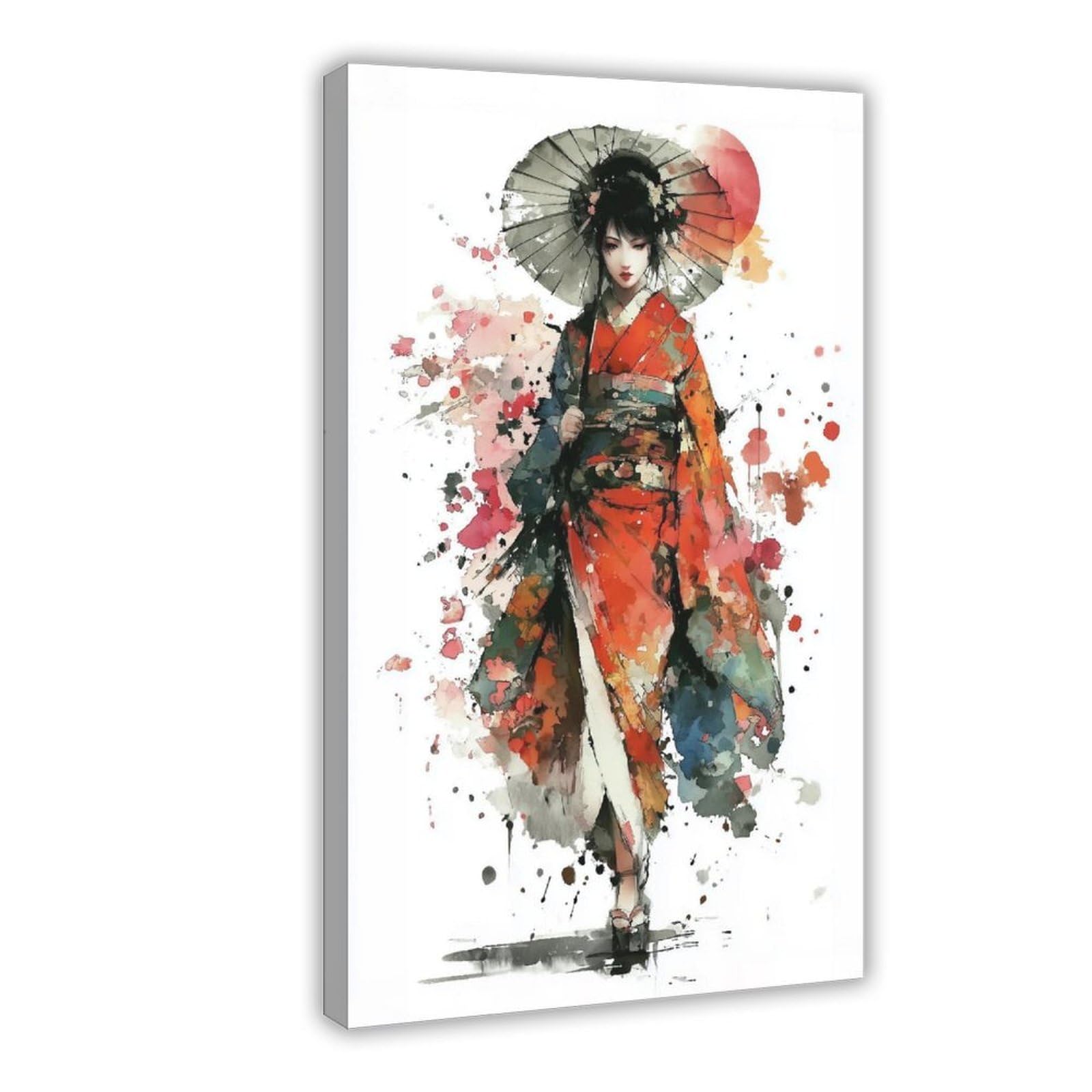 Qnvjqkdsi Frame Japanese Watercolor Geisha Art Canvas Poster Bedroom Decor Landscape Office Room Decor Gift 24" L X 36" W