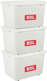 Cetomo 80L*3 Plastic Storage Box,White, Tote box,Organizing Container with Durable Lid and Secure Latching Buckles, Stackable and Nestable, 3Pack, with Buckle