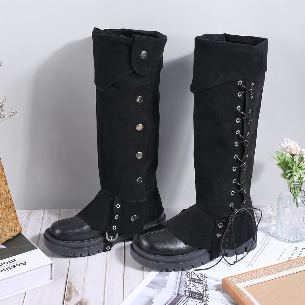 GORGECRAFT 2Stk Piraten-Stiefelüberzüge Mittelalterliche Beinschützer Gamaschen Renaissance-Stiefel Beinwickel Schwarzes Kunstleder Verstellbare Stiefeloberteile Schuhüberzug Halloween Cosplay Kostüm