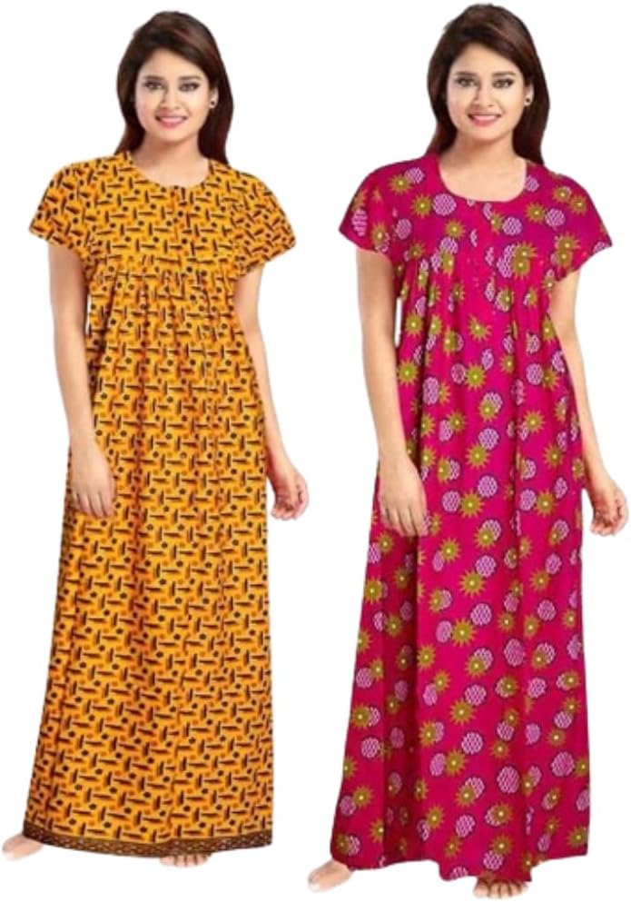 YUKATA Cotton Printed Maxi Nighty for Women - Ankle Length, Free Size, Comfortable Night Dress Gown (Pack of 2)