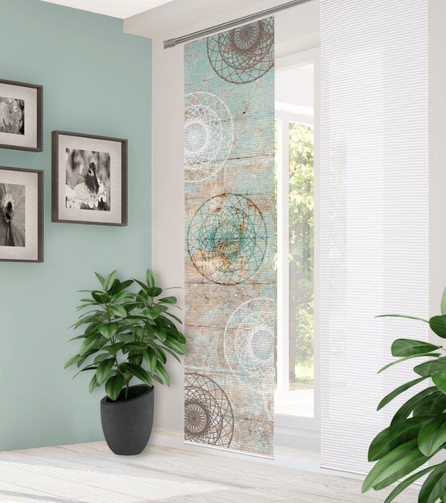 84089 MANDRIGA Schiebegardine aus recyceltem Polyester, Farbe:mint, Größe:245 x 60 cm, Anzahl:4er-Set (2X Motiv. 2X Uni)