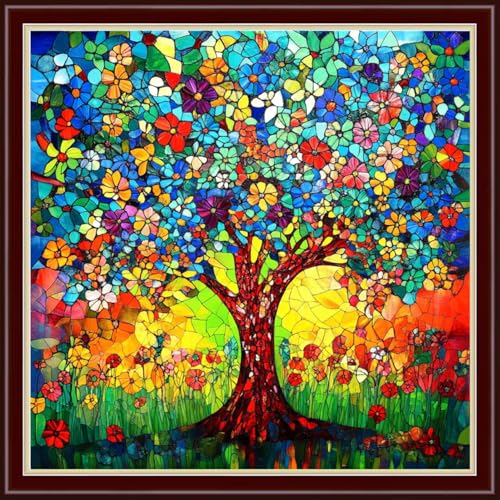Image of Dimensean Stamped Cross Stitch Kits Full Range of Embroidery Patterns Starter Kits for Beginners Adult DIY Cross Stitches Needlepoint Kits 11CT-Colorful Tree of Life 18x18 inch
