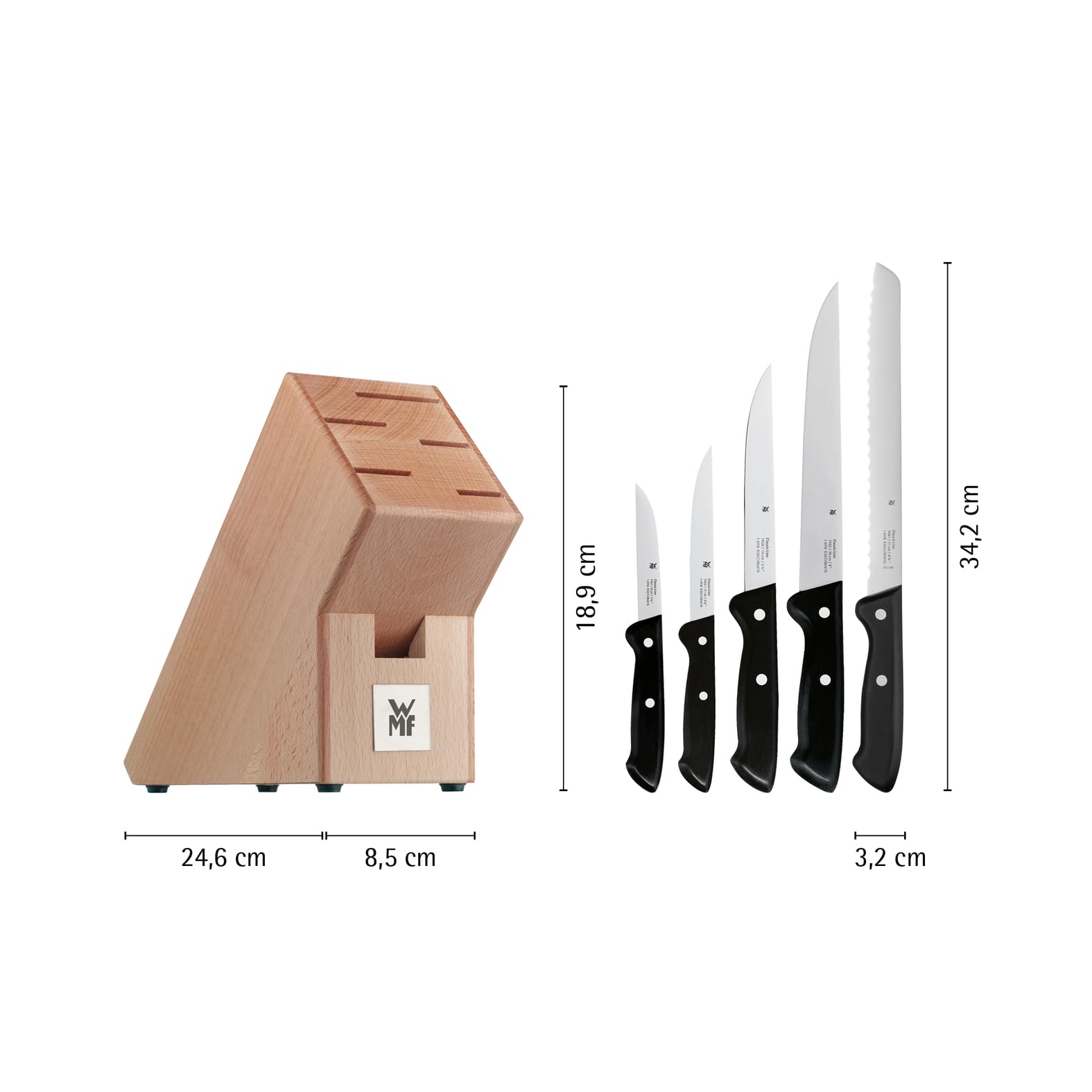 WMF Classic Line Messerblock mit Messerset 6-teilig, bestückt, 5 Messer, Birkenholz-Block, Spezialklingenstahl, natur, schwarz, silber