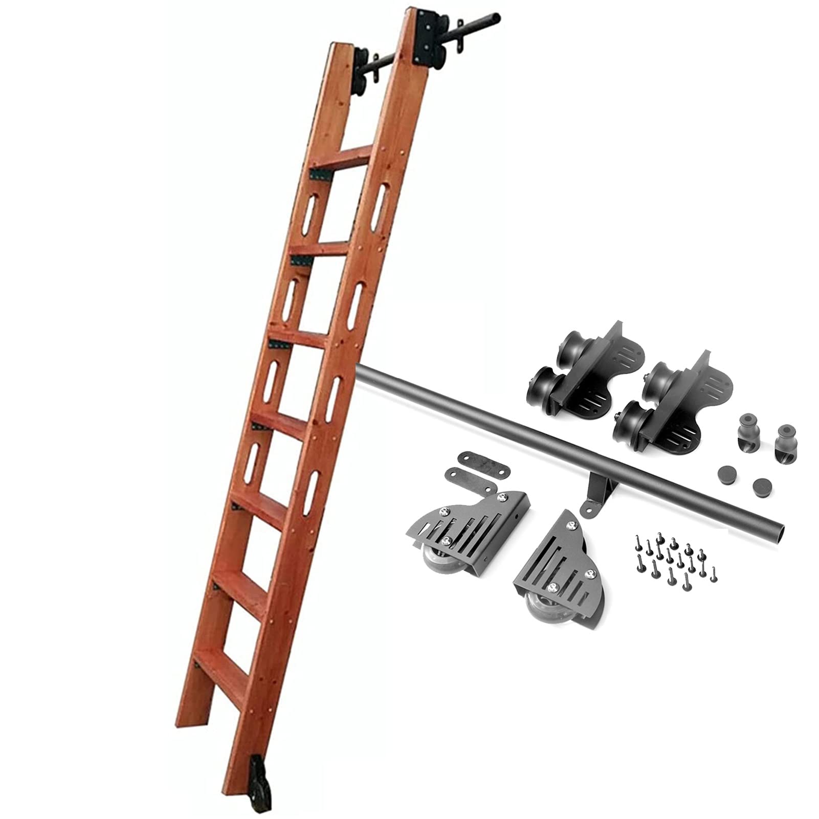 Kit rail coulissant échelle bibliothèque avec matériel rétractable et roulette sol pour étagère