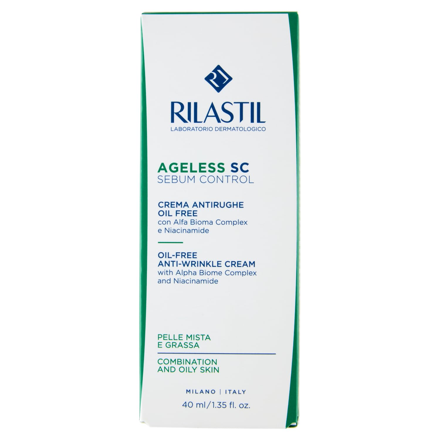 Rilastil Ageless SC Sebum Control, Crema antirughe oil free levigante e idratante con Alfa Bioma Complex e Niacinamide, 40 ml