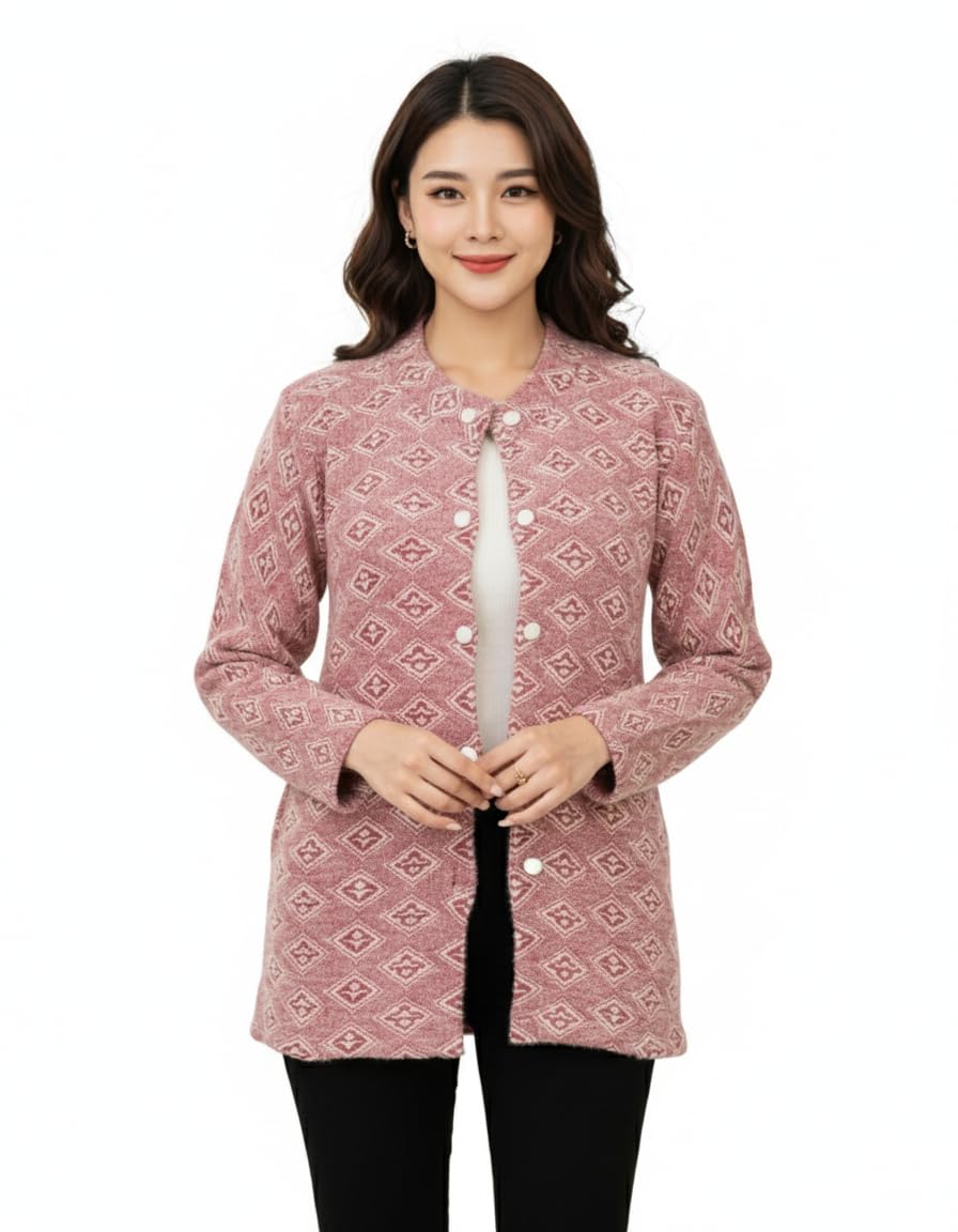 Women's Wool Blend Long Cardigan Sweater, Pink Diamond Pattern, Full Sleeve Winter Jacket with Buttons, Regular Fit-picture-10
