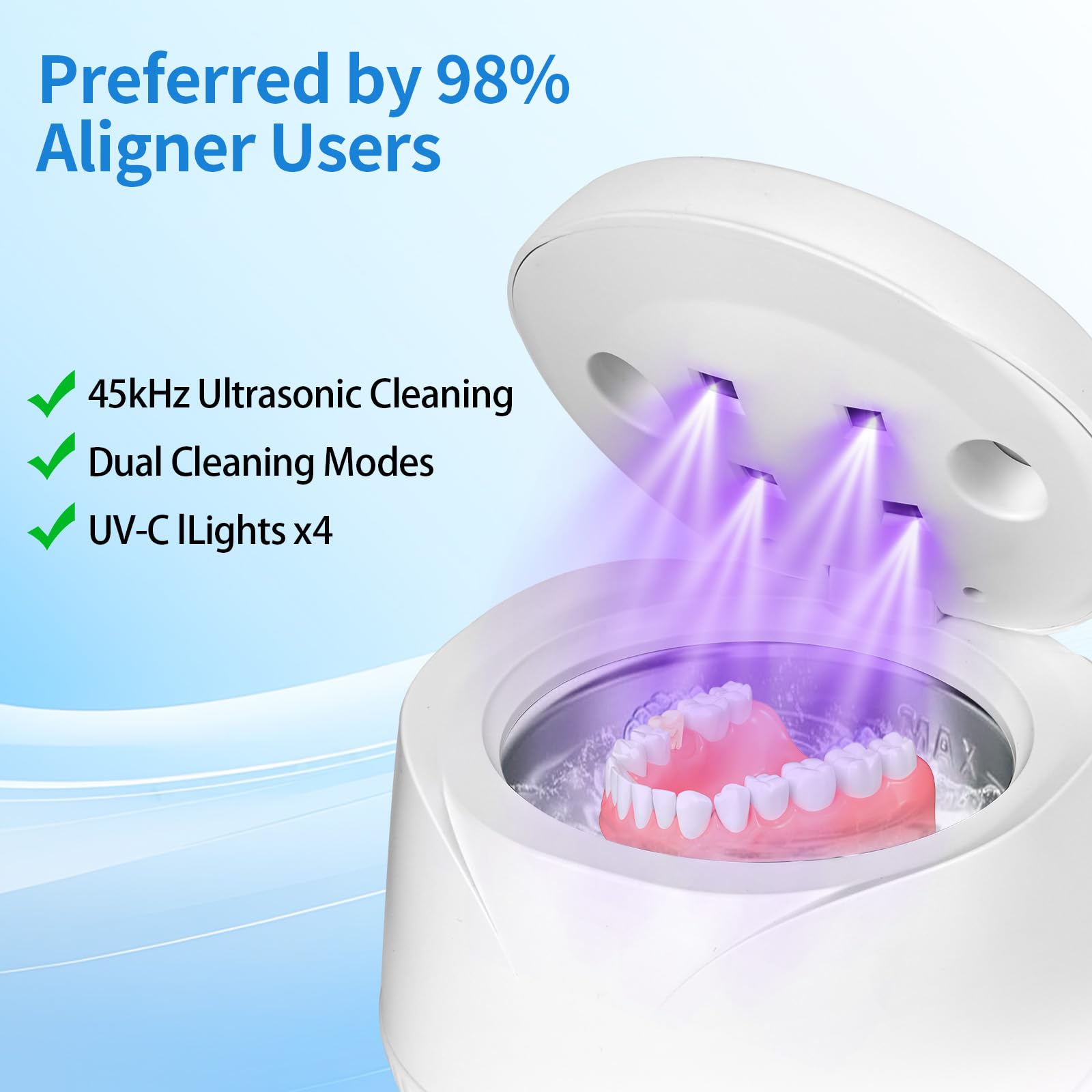 Pulitore Ultrasuoni Dentale con Luce UV, Vankarr 45000Hz 25W Portatile Dental Pod per Morsetti, Protesi, Allineatori e Ritenzioni - 4 Lampade UV-C, 200ml, Bianco