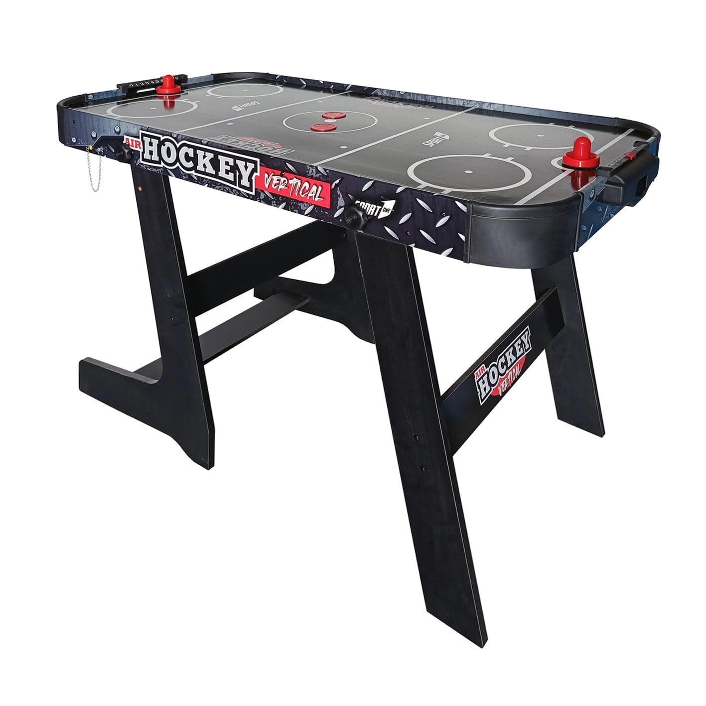 Tavolo Air Hockey Metal Verticale. Tavolo pieghevole da hockey. Air mini con ventola 12V. Tavolo air hockey salvaspazio. Misure 121x60x76cm. 2 manopole e 2 dischi inclusi. Con segnapunti integrato.