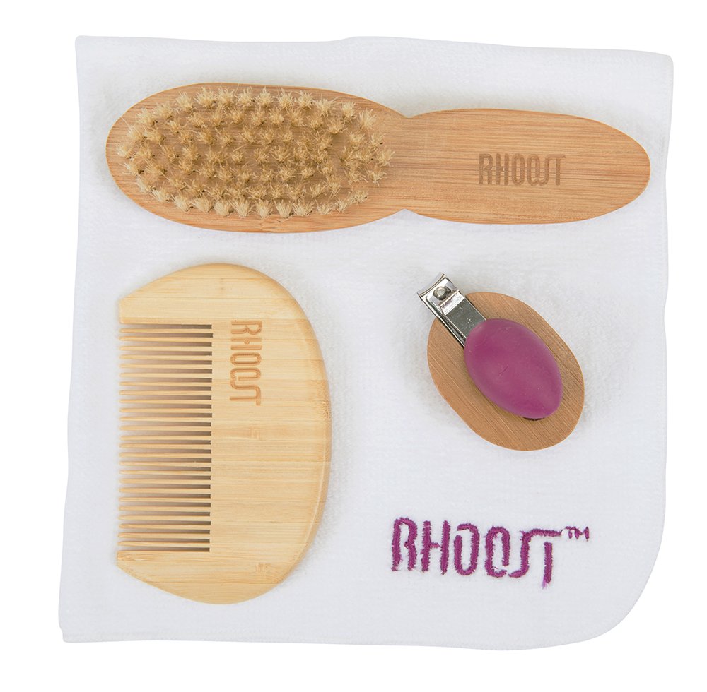 Rhoost Baby Grooming Kit - Natural Wooden Brush & Comb, Natural Bristles, Easy to Use Nail Clipper, Organic Cotton Bib Washcloth by Rhoost