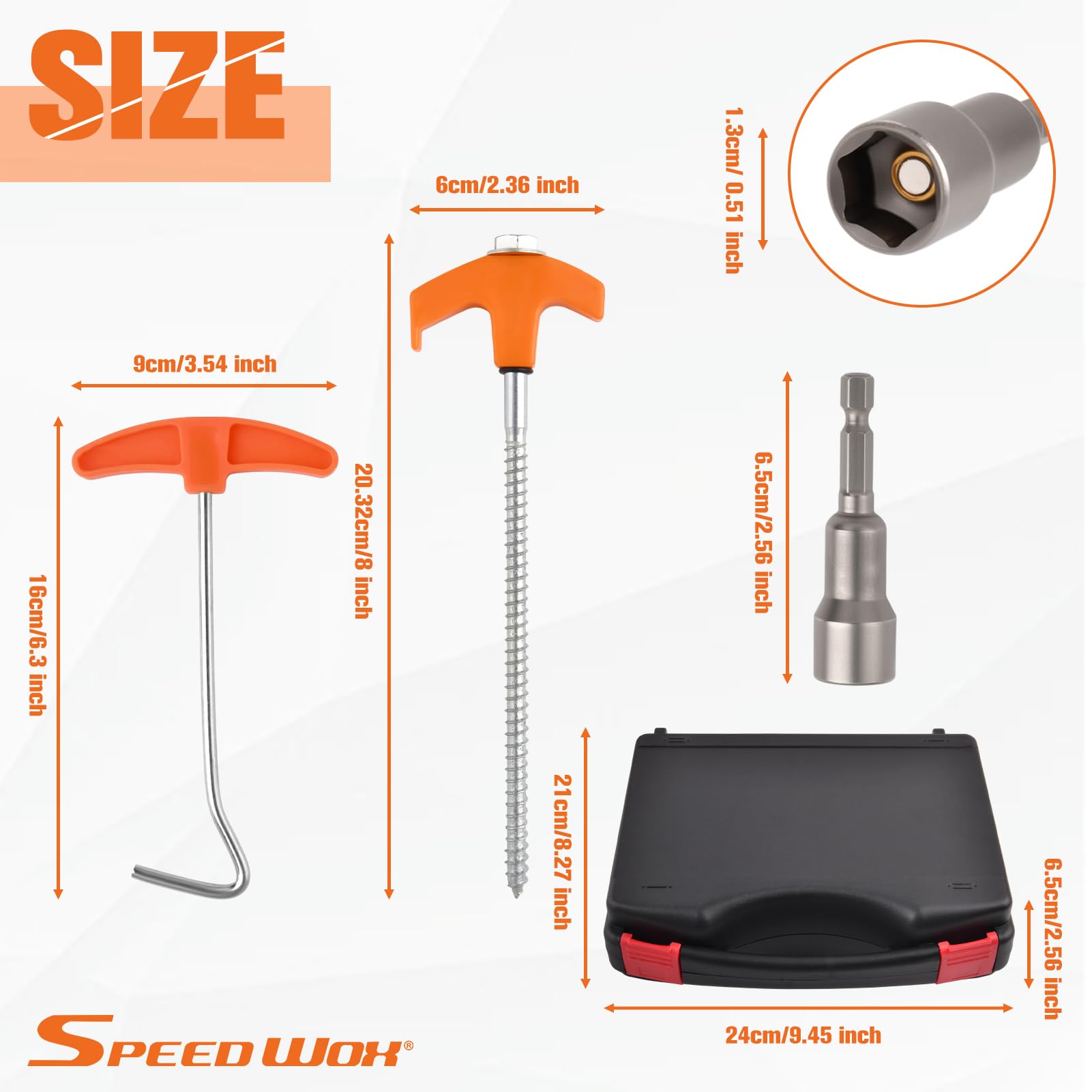 SPEEDWOX 14 sztuk wytrzymałych wkręcanych kołków namiotowych, 20 cm, metalowe gwintowane kotwy uziemiające, wkręcany korek, hak do ciągnięcia, słupki kempingowe z pudełkiem do przechowywania, na
