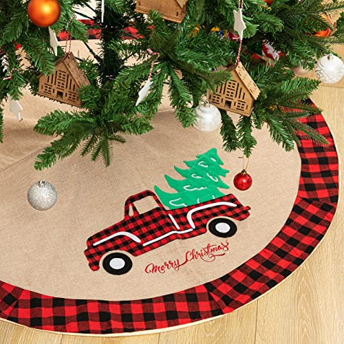 HBlife Christmas Tree Skirt 48 Inches Linen Burlap Tree Skirt Embroidered Merry Christmas with Buffalo Plaid Edge, Red Truck Tree Skirt for Christmas Tree Decorations HBlife Christmas Tree Skirt 48 Inches Linen Burlap Tree Skirt Embroidered Merry Christmas with Buffalo Plaid Edge, Red Truck Tree Skirt for Christmas Tree Decorations