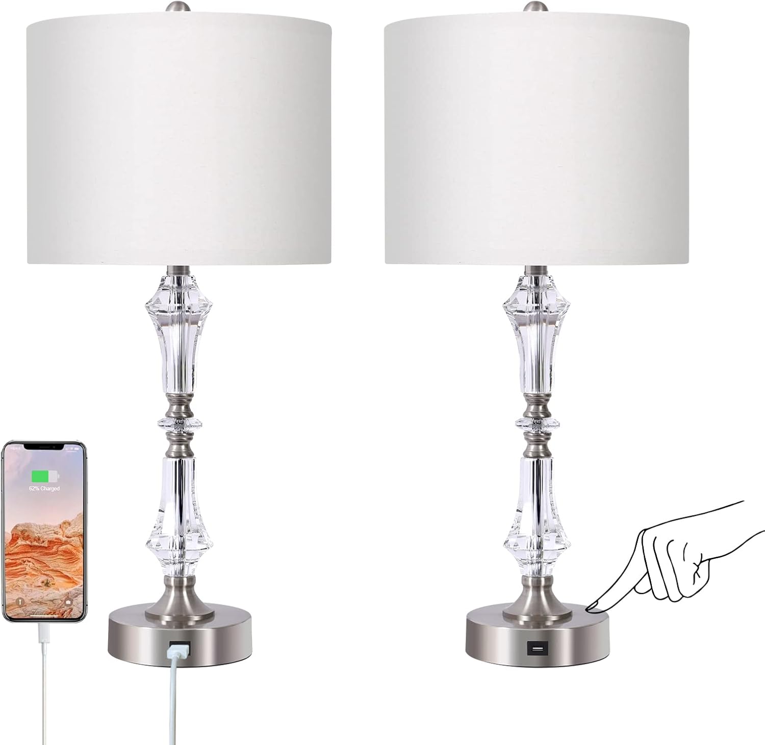 Touch lamp for Bedroom Set of 2, Tall 27" Bedroom Lamps with USB Port