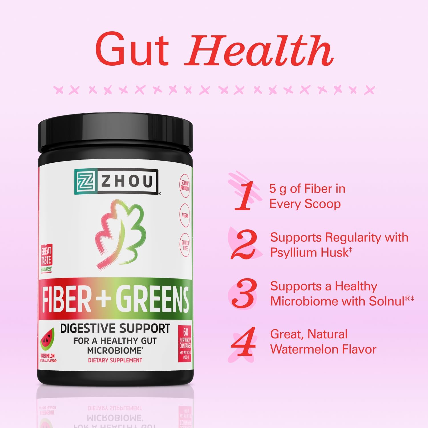 ZHOU Fiber Plus Greens - Fiber Supplement for Women and Men - Digestive and Gut Health Support w/Psyllium Husk Powder, Organic Super Greens, Spirulina - Vegan, Gluten Free, Watermelon Flavor, 60 Serv image 3