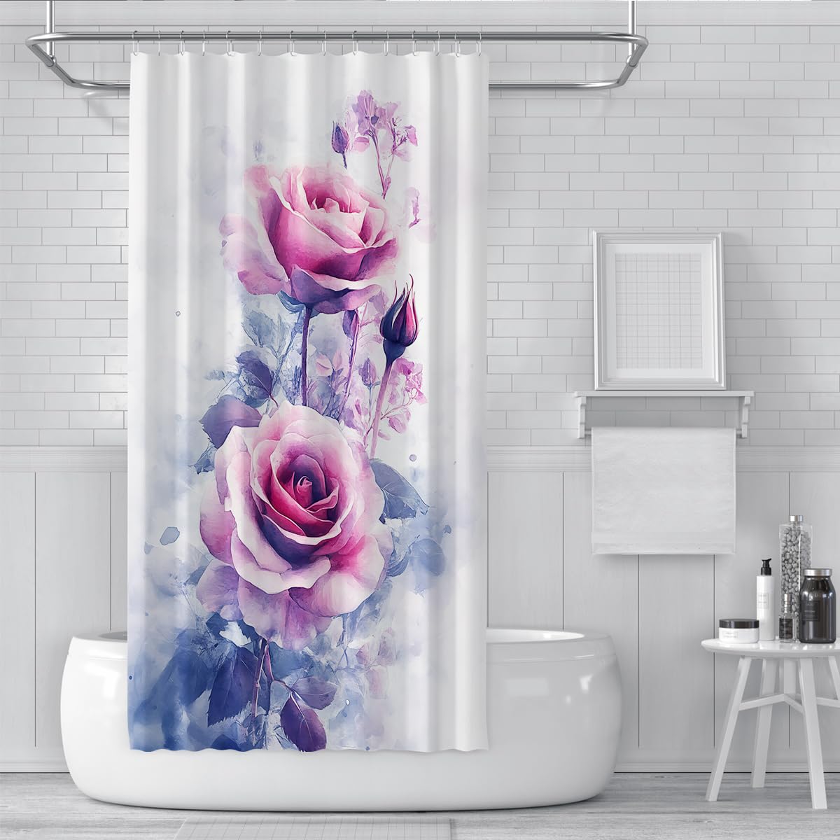 Rideau de Douche Blooming Roses pour Salle de Bain Tissu botanique Romantique Rideau de Baignoire Rideaux de Toilette à Fleurs lavables imperméables avec Crochets W180xL180 cm