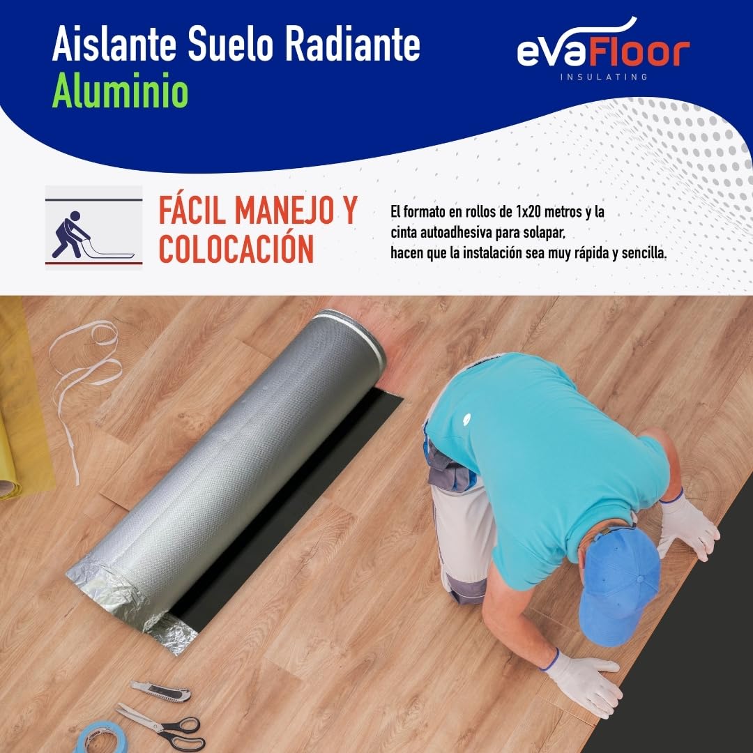 Pack 2 Aislante Suelo Laminado Radiante Aluminio 1x20 metros | Base Aislante Suelo Laminado | Fabricado con Base de Eva 2mm + Lámina Aluminio | Incluye Adhesivo