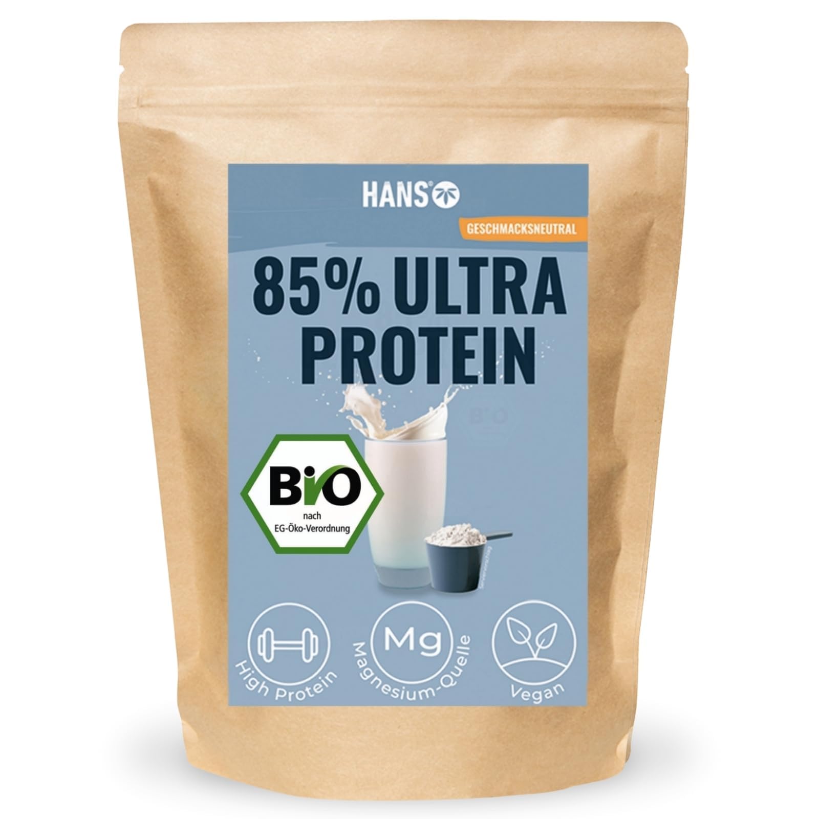 HANS Brainfood Veganes Proteinpulver neutral - Bio Zertifiziert aus Bayern - 85% pflanzliches Eiweißpulver aus Erbse, Reis & Hanfprotein - Ohne Süßungsmittel - Cremig & gut löslich, 1Kg