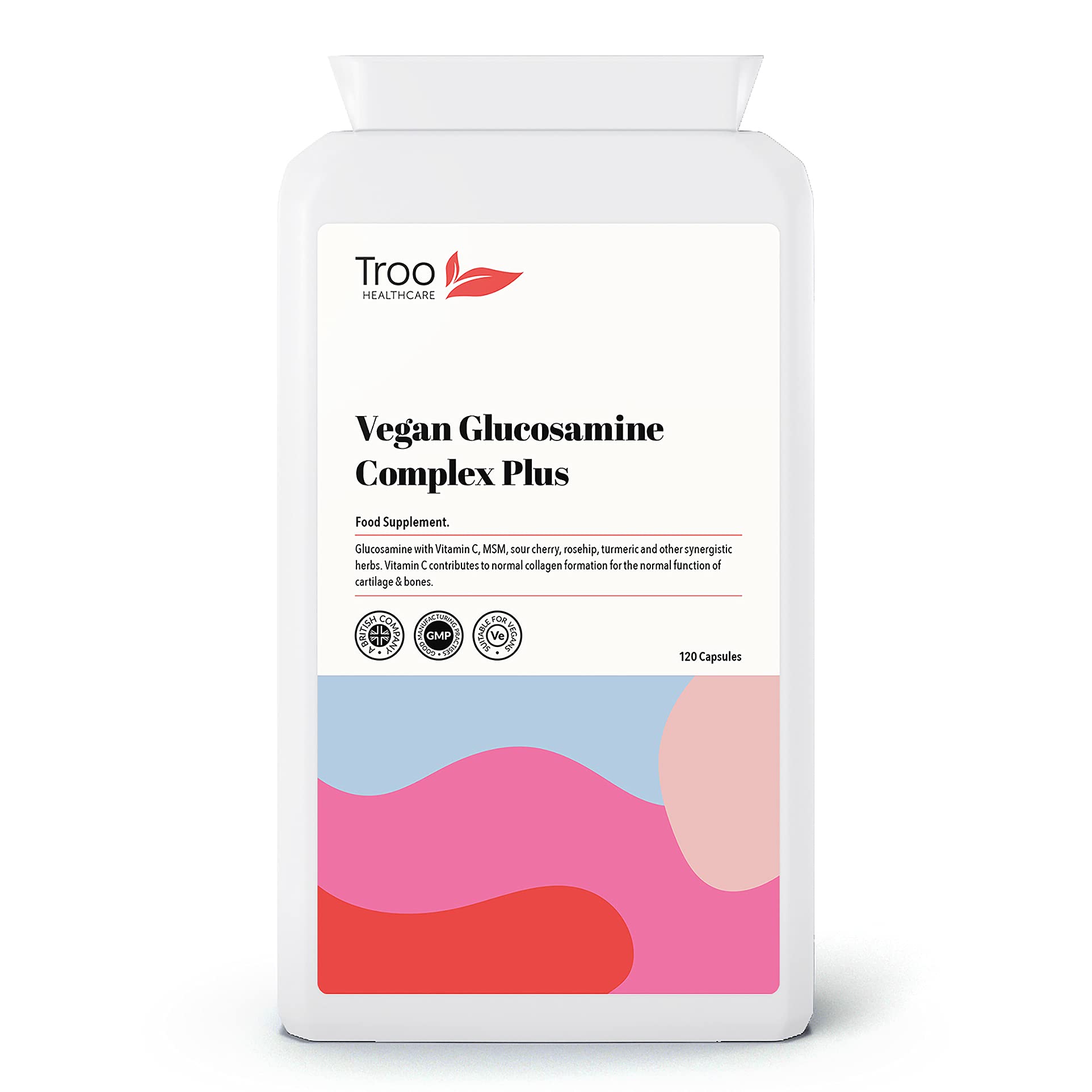 Troo Health Care Vegan Glucosamine Complex Plus 120 Capsules | Plant Based Glucosamine Supplement with MSM, Sour Cherry, Rosehip & Turmeric | UK Manufactured | Quality Guaranteed