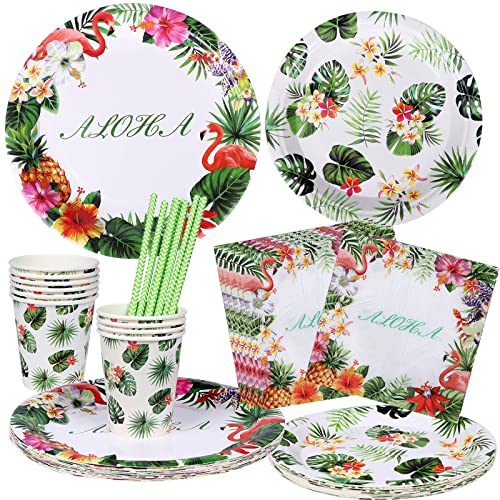 Flamingo Aloha Vaisselle Vert Rose - Assiette Carton Serviette Papier Gobelet Paille pour Decoration Table Flamant Hawaiian Tropicale Fête d'été Party Anniversaire Fille Garçon Baptême (16 Invités)