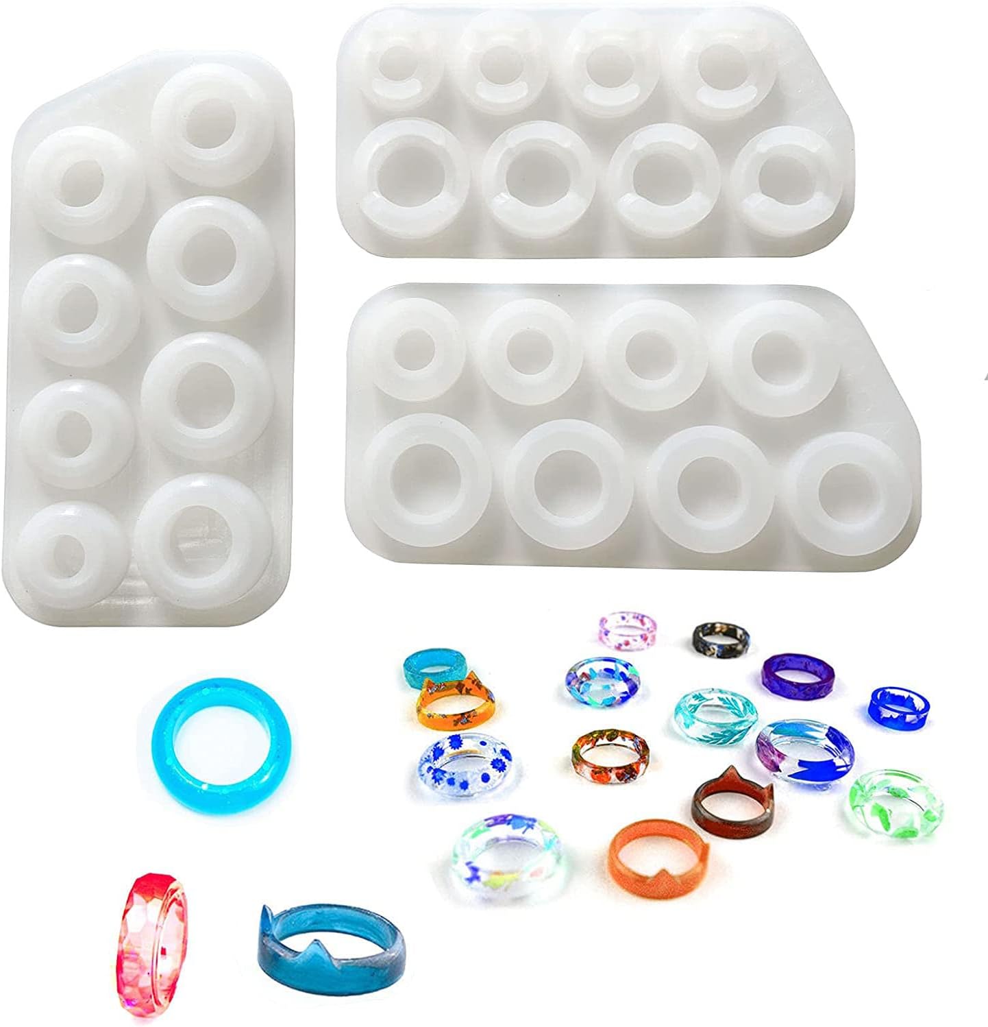 Szecl 3Pcs 8 Cavities Ring Molds Resin Jewelry Different Sizes 15-22mm Round, Rhombus, Creative Cat Shape Ring Resin Casting Mold for DIY Handmade Craft Earrings, Pendants, Rings Making Tool