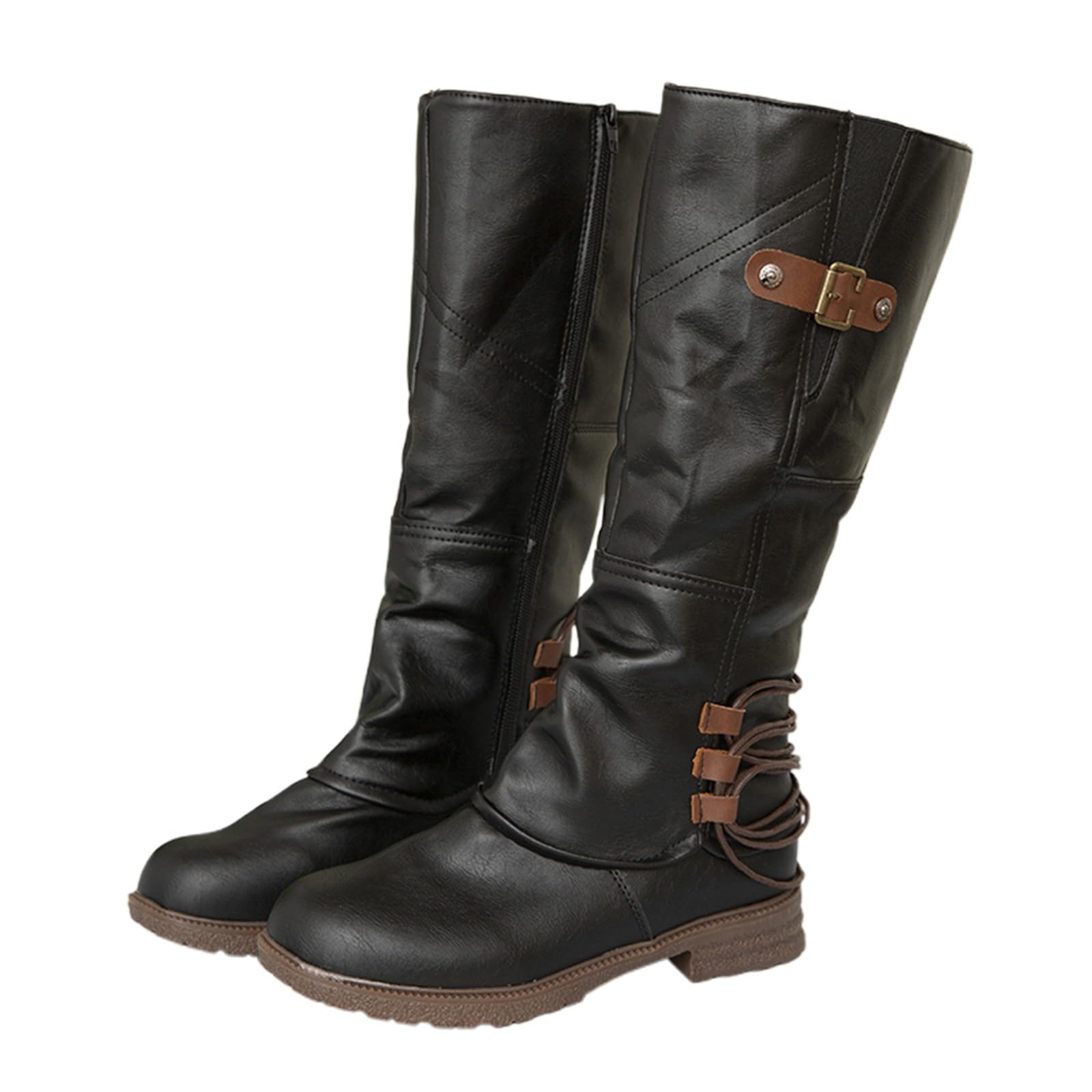 Generisch 2026 Botas retro de altura media con cremallera lateral con correa de hebilla. Botines clásicos de montar con tacón grueso para atuendos casuales
