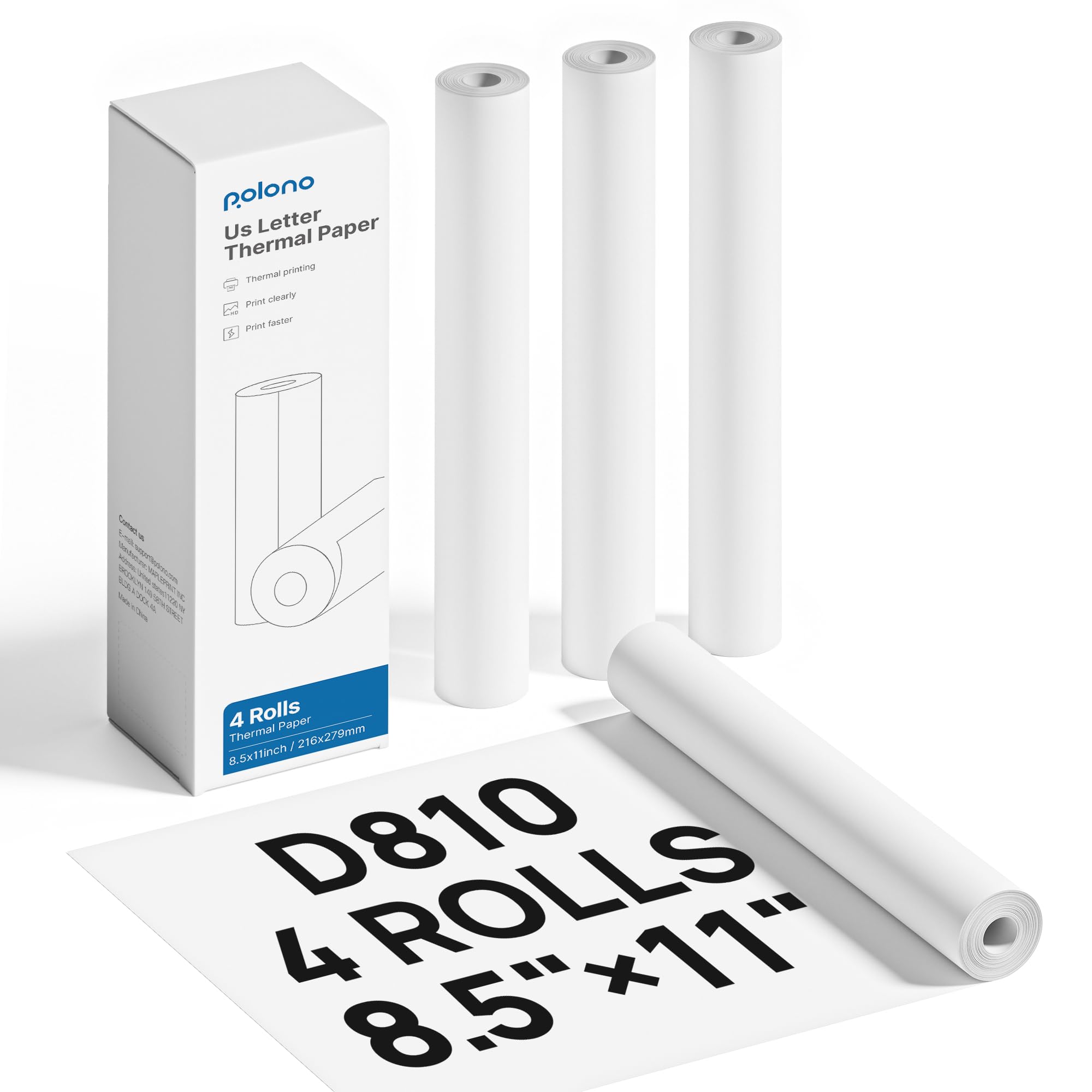 POLONOD810 Thermal Printer Paper 8.5 x 11 Inch, Advanced Thermal Printing, US Letter Size Thermal Paper Compatible with D810, Size 8.5" x 11", 4 Rolls, 7m