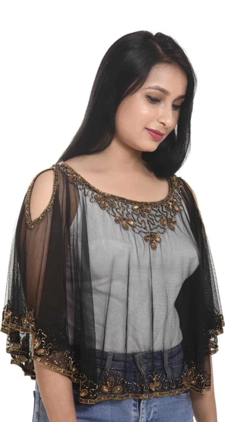 Women’s Sheer Embroidered Poncho Cape Top – Elegant Black Net Shrug with Gold Beadwork, Cold Shoulder Design, Lightweight Overlay.-image-33