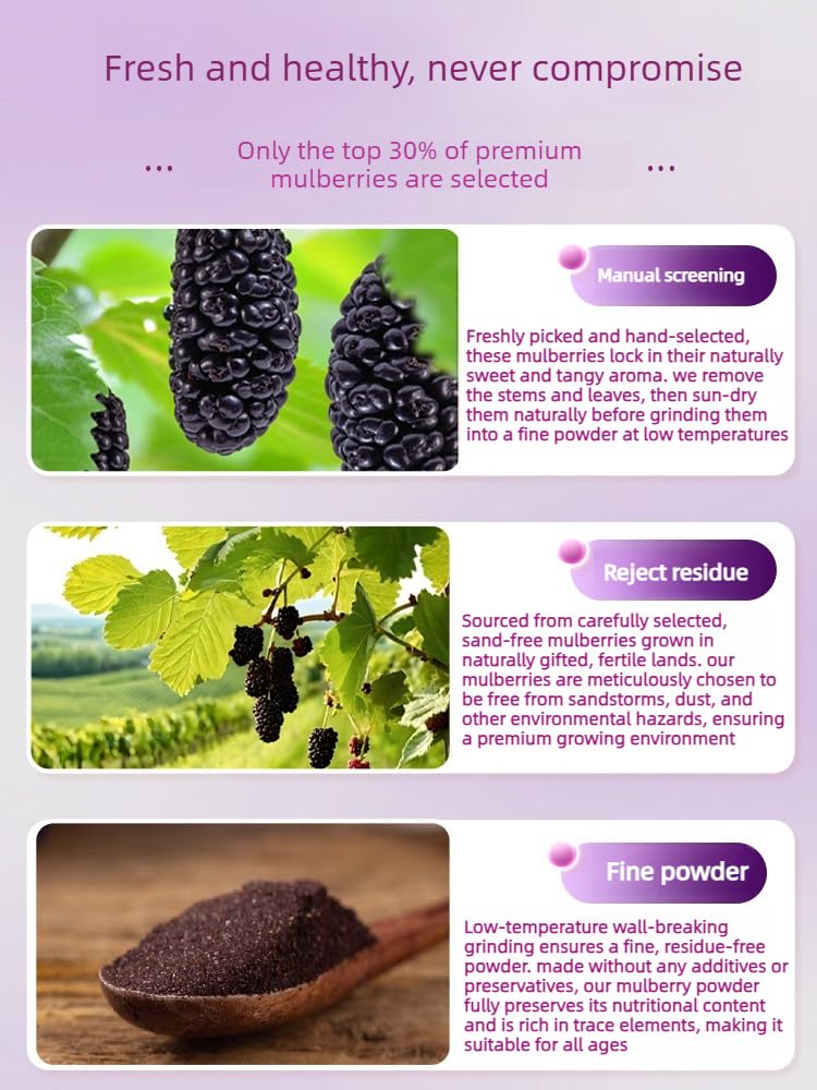 Black Mulberry Powder 250g - Handpicked, No Artificial Dyes, Wall-Broken Grinding, Rich in Anthocyanins, Fine Texture