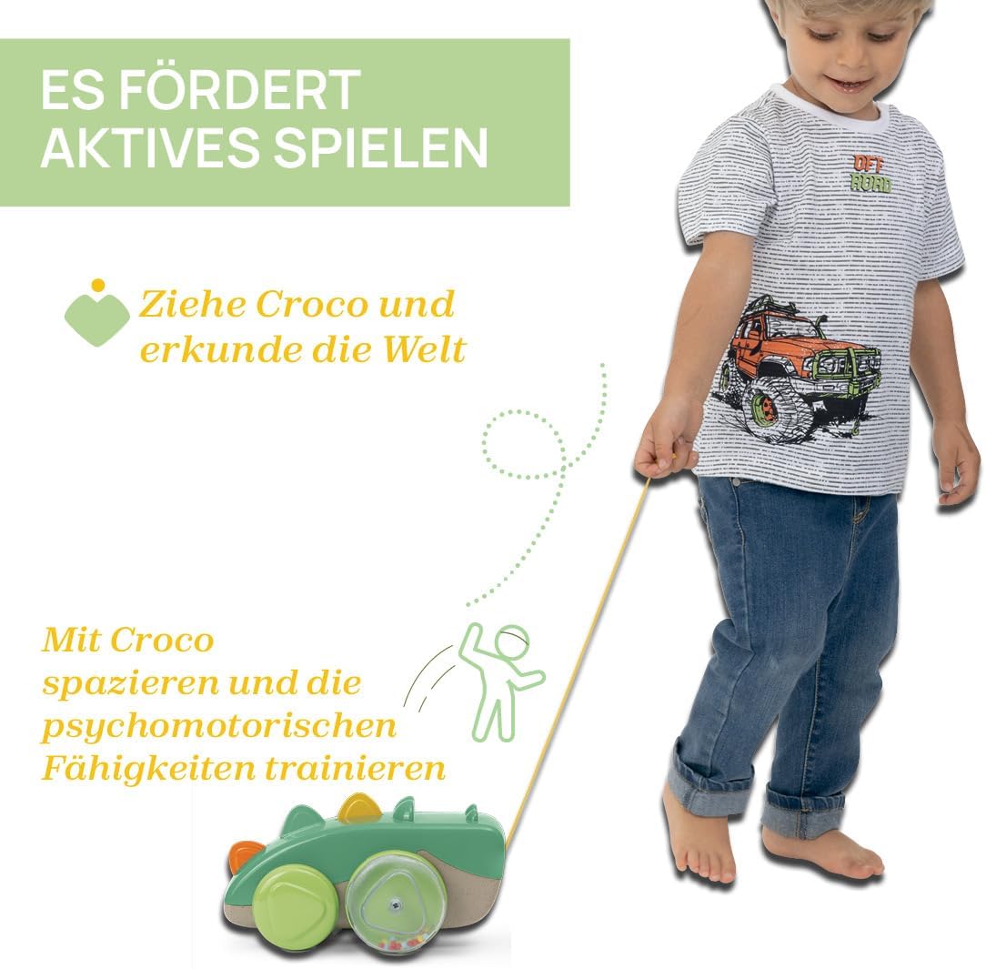 Chicco, Crocodile Pull Along Eco+, Pull Along Toy, 50 cm Long Rope, Wheels with Balls, Tumbling Movement, Recycled Plastic, Made in Italy, Children's Toy from 12-36 Months