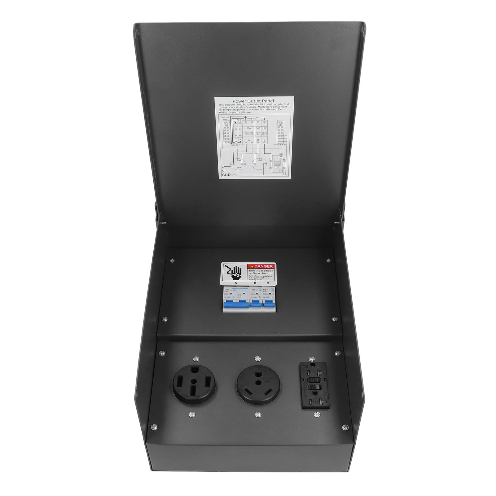 FTVOGUE Pannello Elettrico per, Scatola di Presa di Corrente per in Acciaio Laminato A Freddo e PC con Prese da 20 A 30 A 50 A 125 V 250 V, Pannello di Presa di Corrente Temporanea Resistente Alle